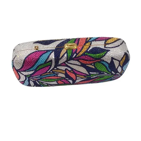 JUDITH LEIBER MULTICOLORED CRYSTAL EMBELLISHED LEAF DESIGN EVENING CLUTCH BAG - Picture 5 of 8